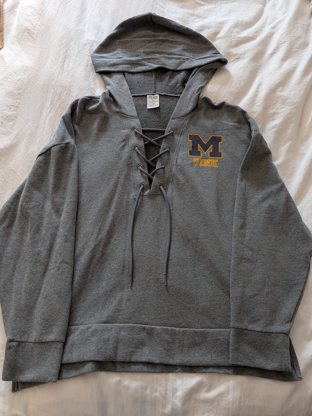 PINK Victoria's Secret University Of Michigan Gray Lace-Up Hoodie Sweater